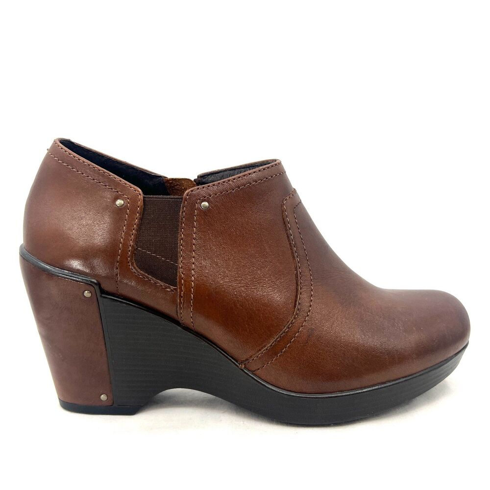 Dansko Brown Leather Wedge Ankle Booties Side Zip Womens EU 40 US 9.5-10